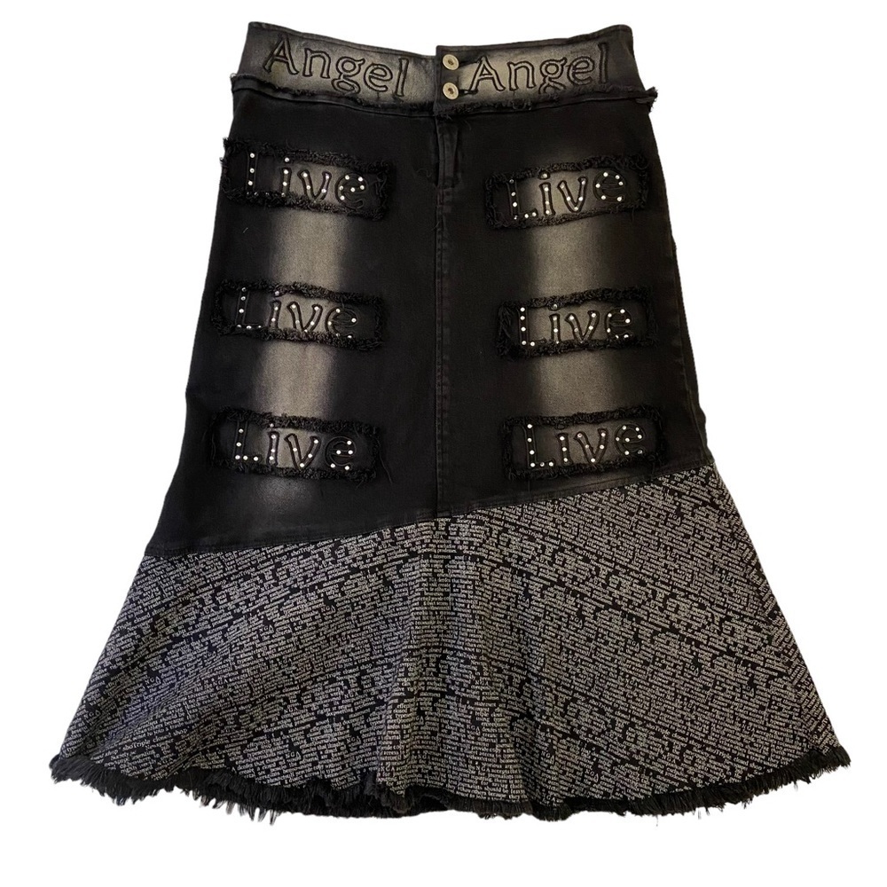 Gracia Angel skirt black denim cotton & lycra pockets graffitis crystal Large
